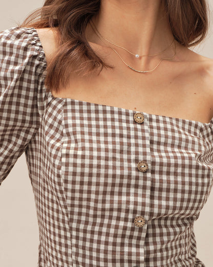Blusa de Cuello Cuadrado Marrón con Mangas Abullonadas y Cuadros