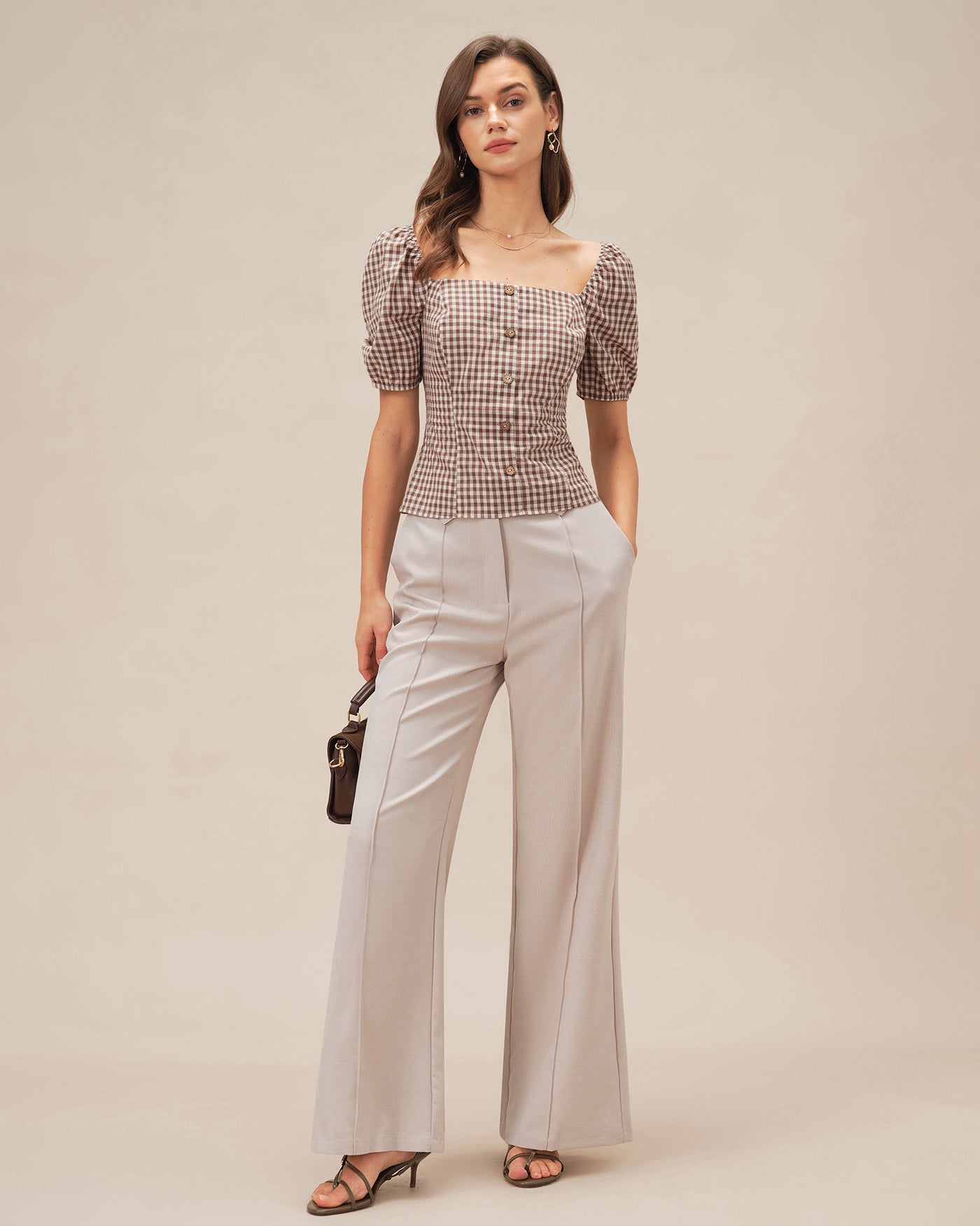 Blusa de Cuello Cuadrado Marrón con Mangas Abullonadas y Cuadros
