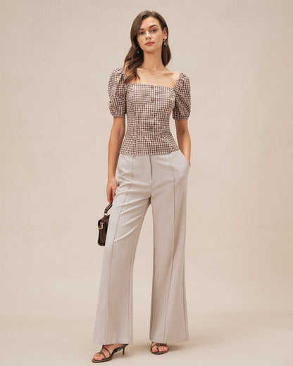 Blusa de Cuello Cuadrado Marrón con Mangas Abullonadas y Cuadros