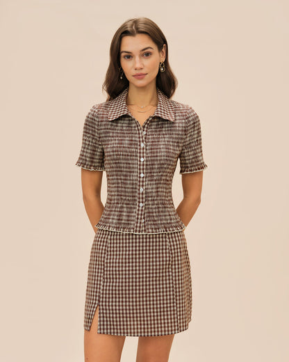 Blusa de Cuello con Botones de Cuadro Marrón