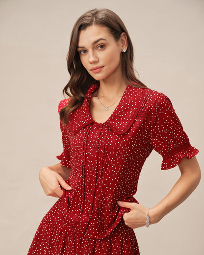Blusa de Cuello de Lunares con Mangas Abullonadas Rojas