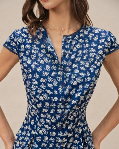Blusa de Botones con Mangas Cortas y Estampado Floral Azul