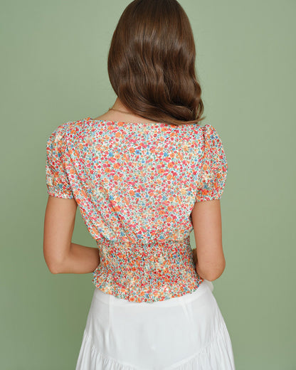 Blusa Floral de Cuello Cuadrado con Mangas Abullonadas