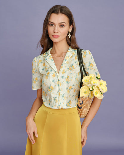 Blusa Floral con Mangas Abullonadas Amarilla