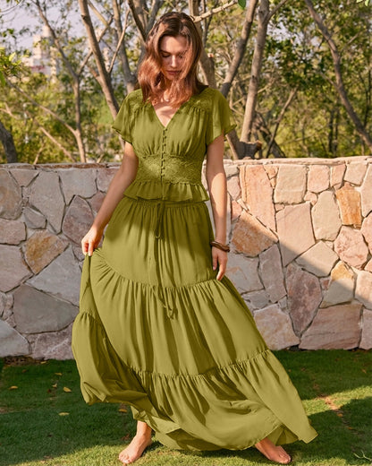 Blusa Verde con Cuello en V Fruncido