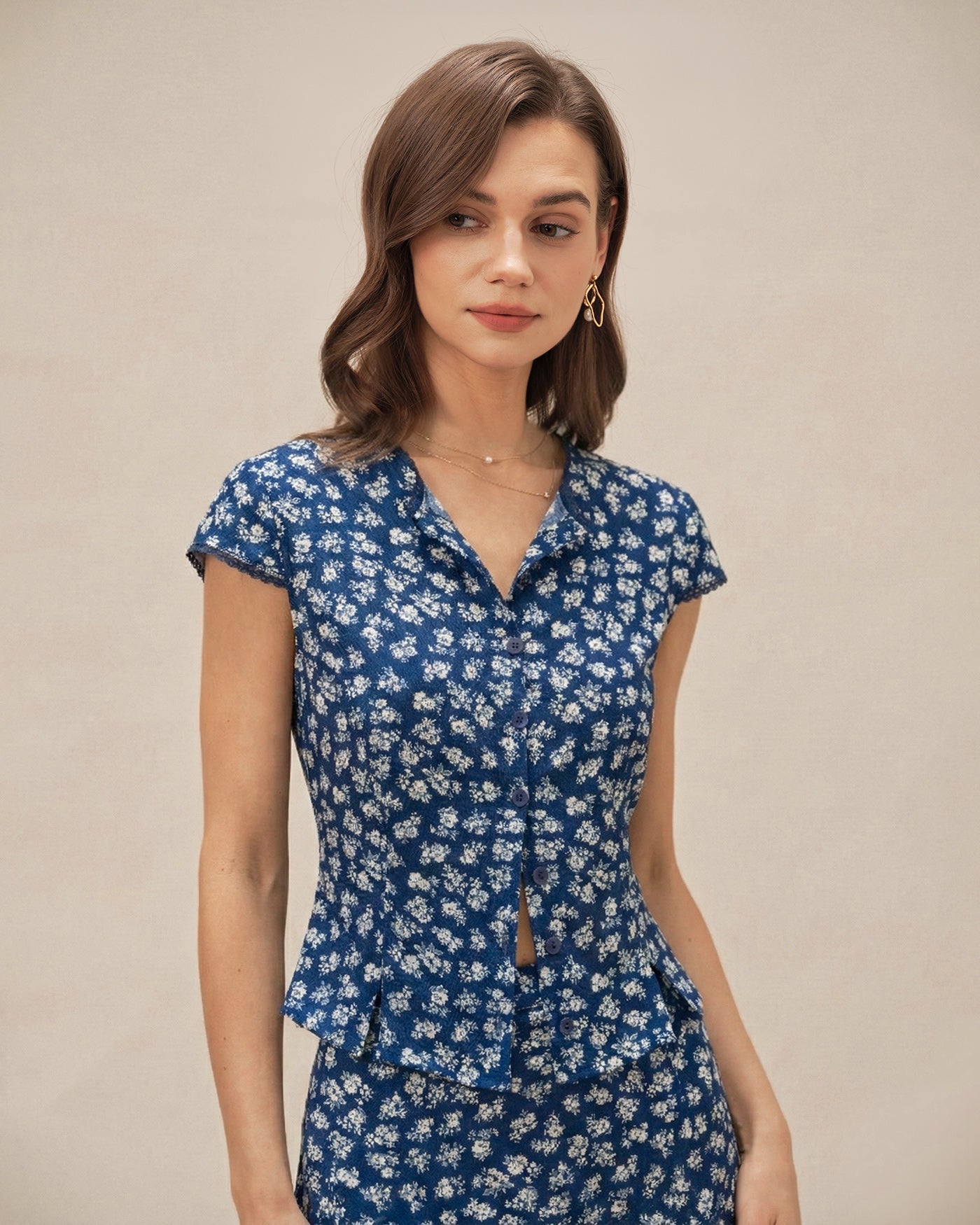 Blusa de Botones con Mangas Cortas y Estampado Floral Azul