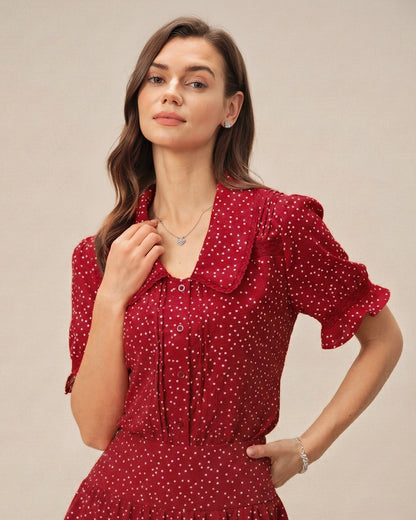 Blusa de Cuello de Lunares con Mangas Abullonadas Rojas