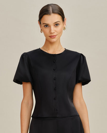 Blusa de Satén con Mangas Abullonadas Negras