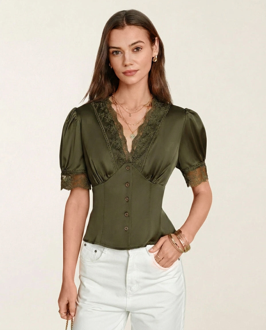 Blusa de Encaje con Manga Abullonada y Cuello en V Verde