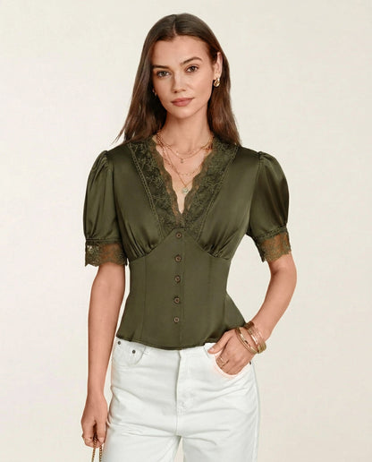 Blusa de Encaje con Manga Abullonada y Cuello en V Verde