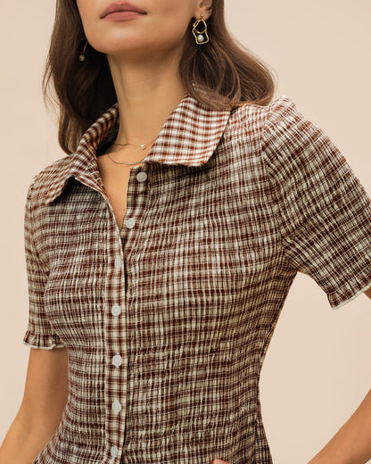 Blusa de Cuello con Botones de Cuadro Marrón