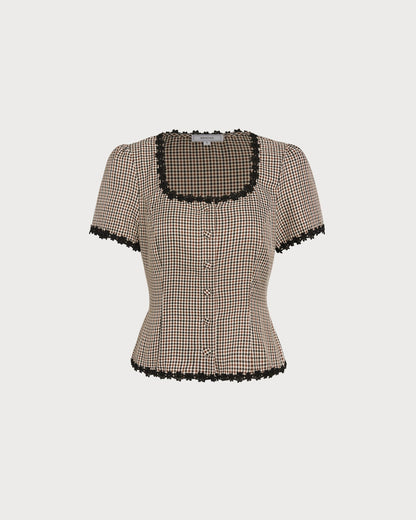 Blusa de Cuello Cuadrado a Cuadros Color Café