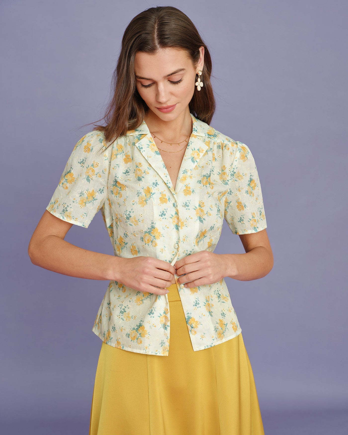 Blusa Floral con Mangas Abullonadas Amarilla