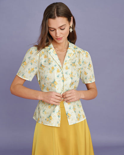 Blusa Floral con Mangas Abullonadas Amarilla