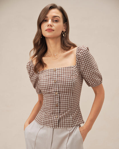 Blusa de Cuello Cuadrado Marrón con Mangas Abullonadas y Cuadros