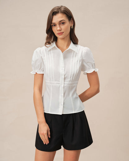 Blusa Blanca con Cuello y Mangas Abullonadas
