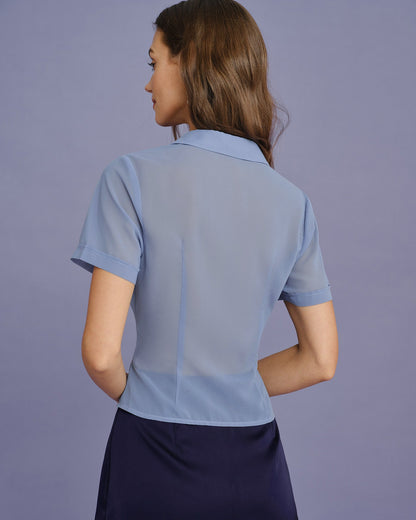 Blusa de Chiffón con Botón de Cuello Azul