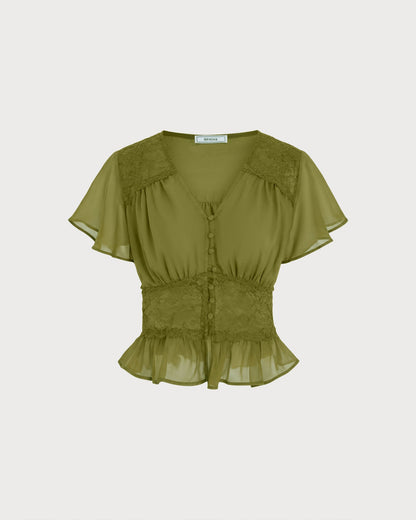 Blusa Verde con Cuello en V Fruncido