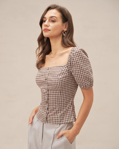 Blusa de Cuello Cuadrado Marrón con Mangas Abullonadas y Cuadros