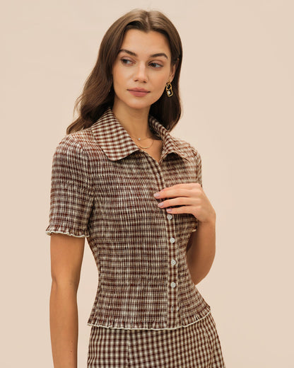 Blusa de Cuello con Botones de Cuadro Marrón