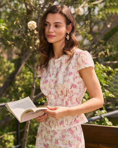 Blusa con Botones de Bordado Floral Rosa