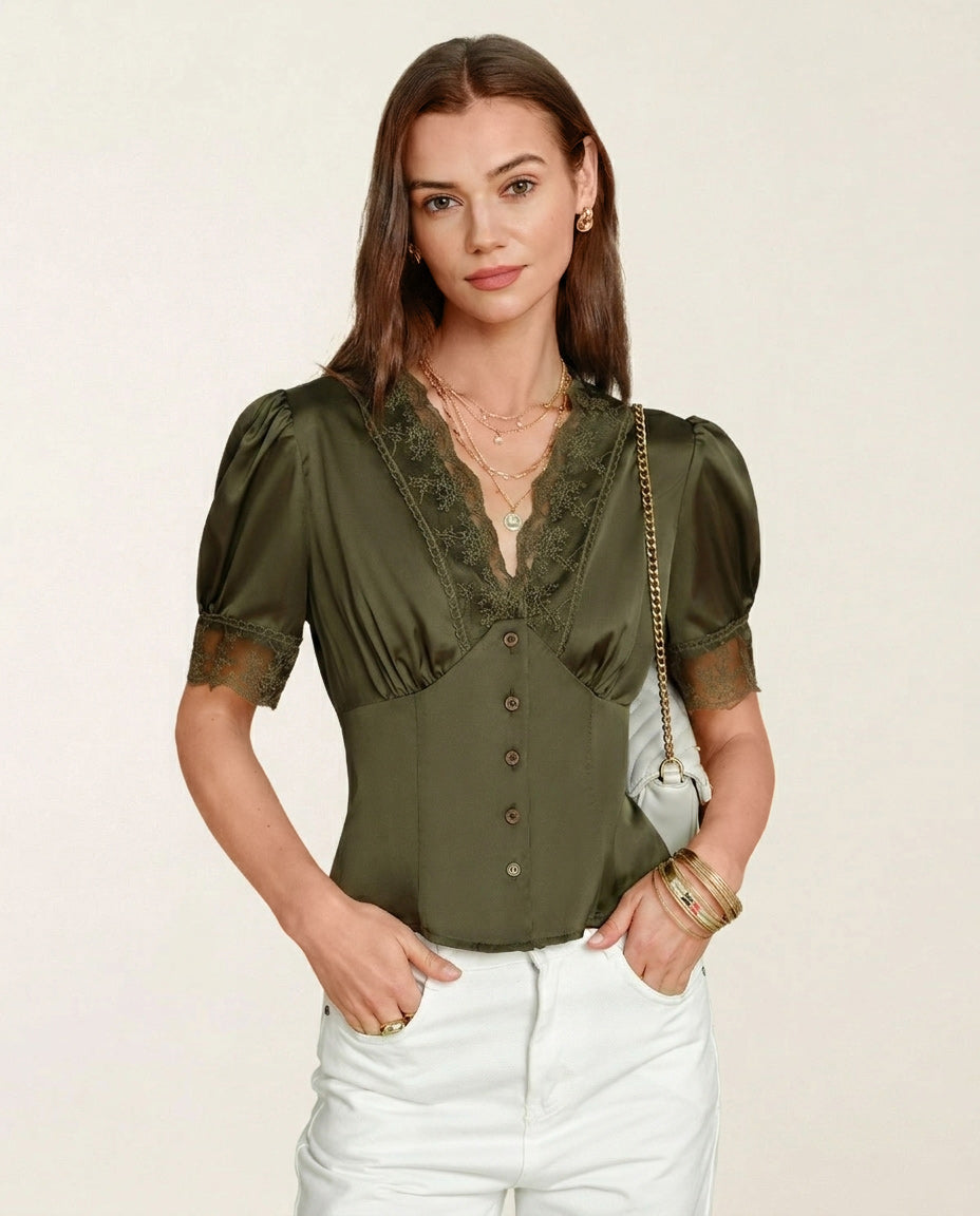 Blusa de Encaje con Manga Abullonada y Cuello en V Verde