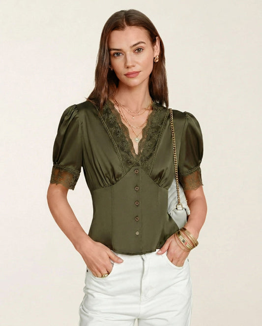 Blusa de Encaje con Manga Abullonada y Cuello en V Verde