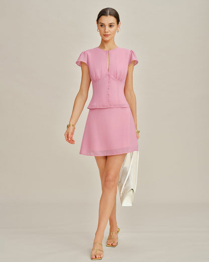 Blusa de Chiffón Rosa con Corte y Botones