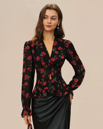 Blusa Negra Floral con Escote en V