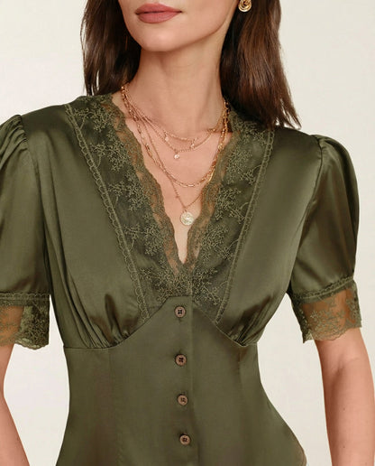 Blusa de Encaje con Manga Abullonada y Cuello en V Verde