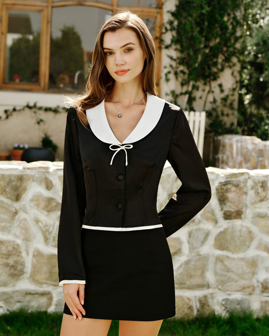Blusa de Satén con Cuello Negro