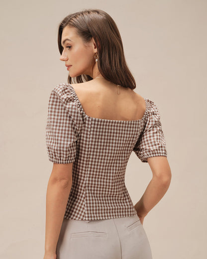 Blusa de Cuello Cuadrado Marrón con Mangas Abullonadas y Cuadros