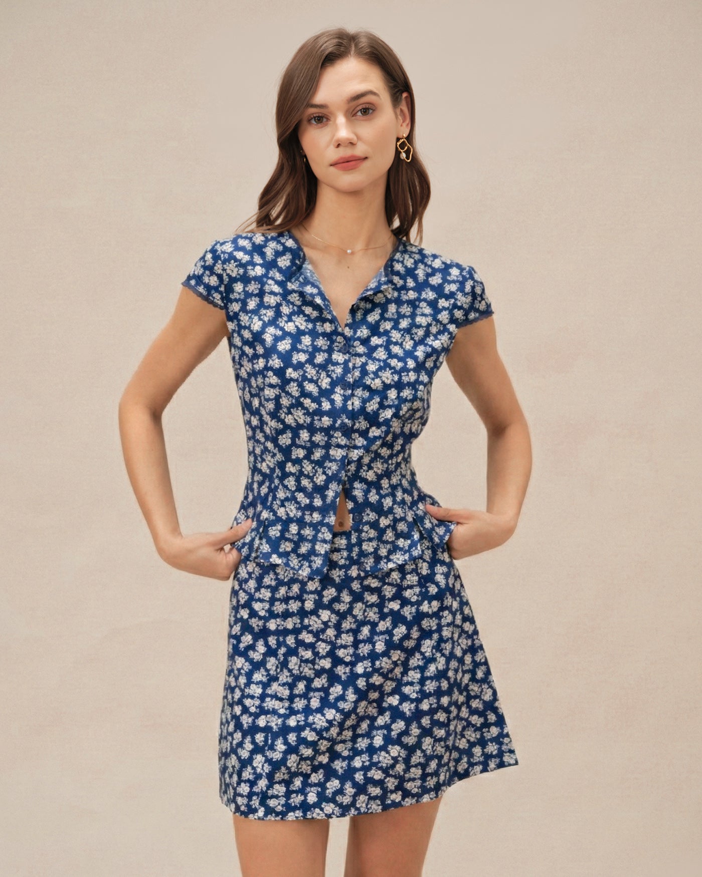 Blusa de Botones con Mangas Cortas y Estampado Floral Azul