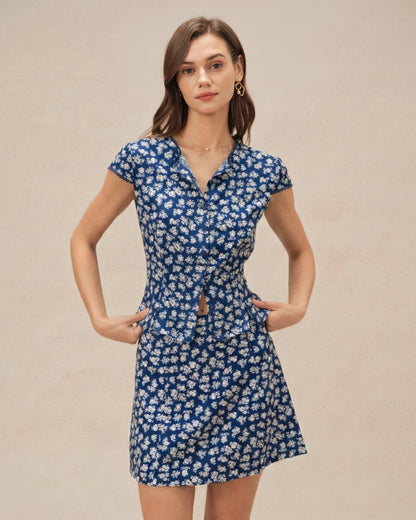 Blusa de Botones con Mangas Cortas y Estampado Floral Azul