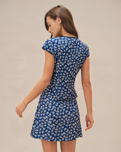 Blusa de Botones con Mangas Cortas y Estampado Floral Azul