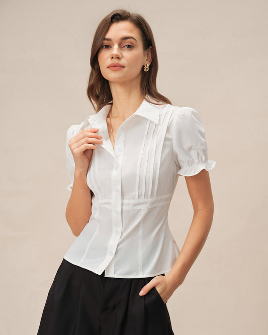 Blusa Blanca con Cuello y Mangas Abullonadas