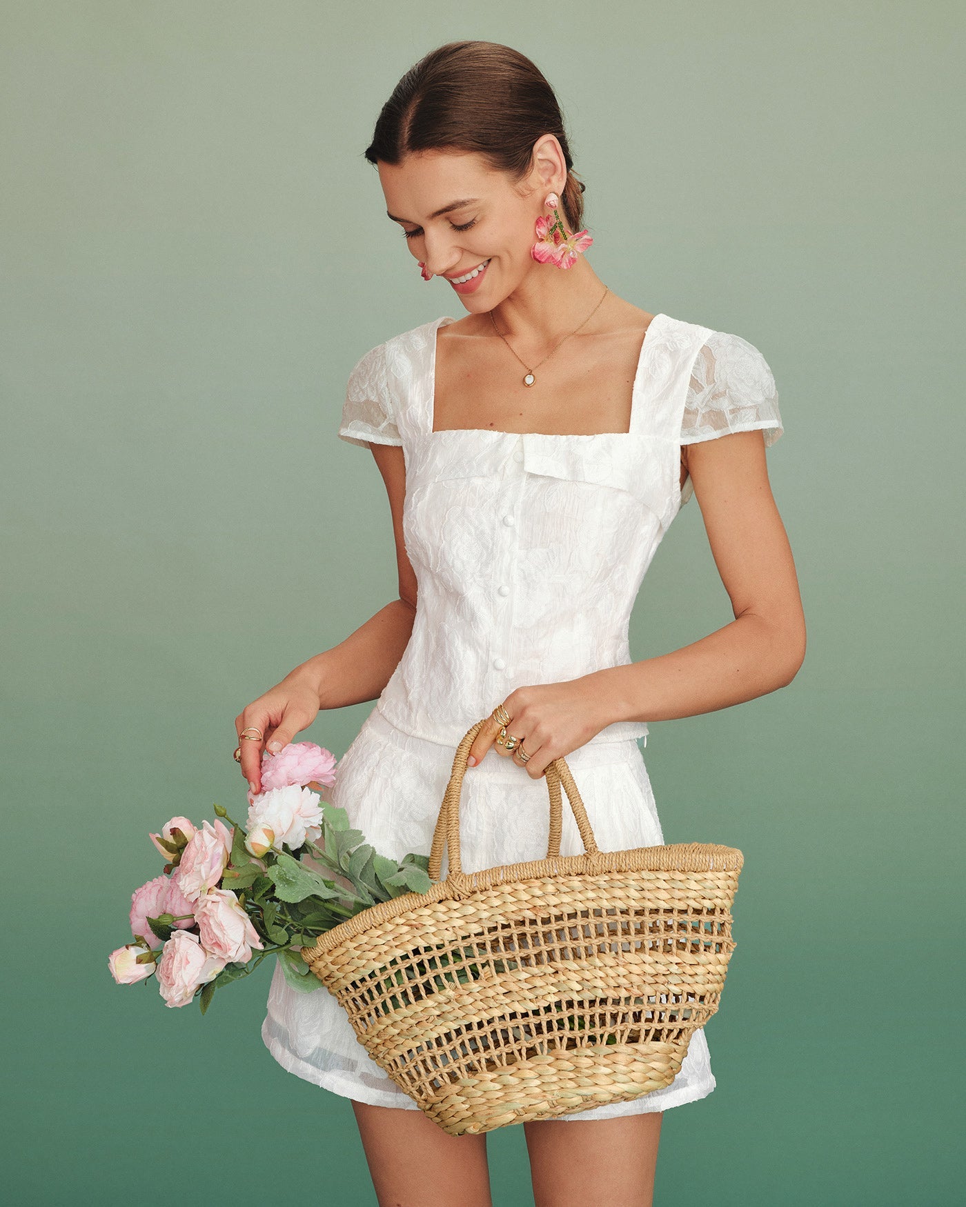 Blusa Jacquard Blanca con Escote Cuadrado