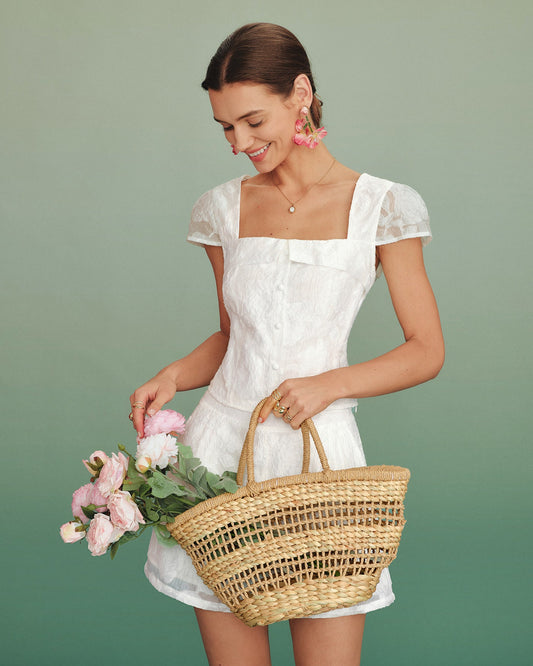 Blusa Jacquard Blanca con Escote Cuadrado