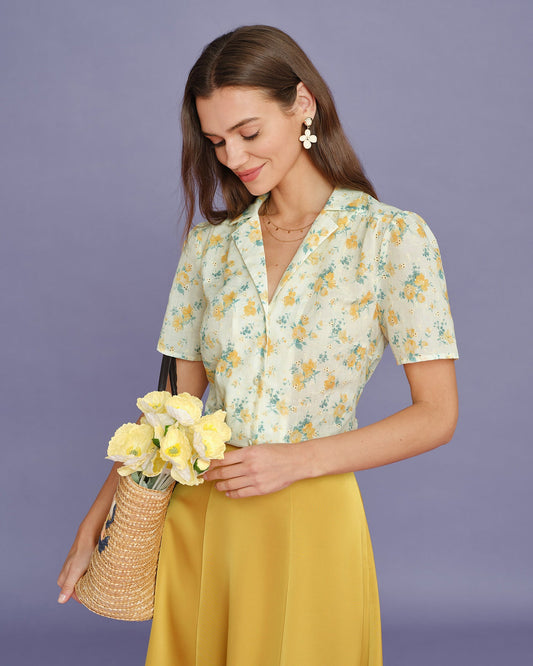 Blusa Floral con Mangas Abullonadas Amarilla