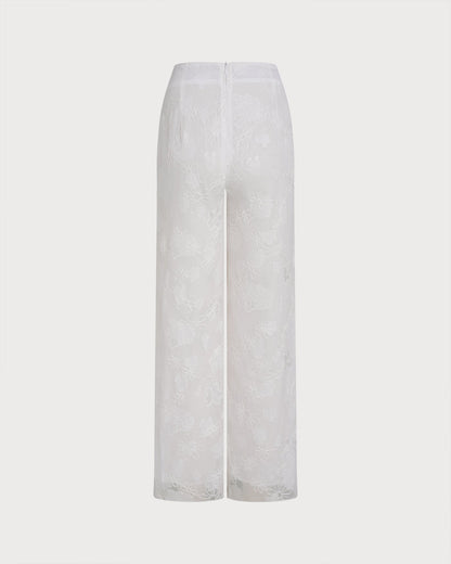 Pantalones Elásticos Texturizados Blancos con Cintura Alta