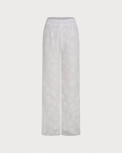 Pantalones Elásticos Texturizados Blancos con Cintura Alta