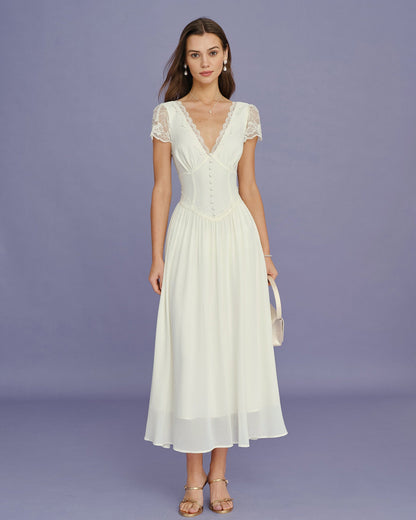 Vestido Maxi de Encaje con Espiguilla en V Color Albaricoque
