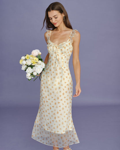 Vestido Maxi Sin Mangas con Volantes de Flor de Albaricoque