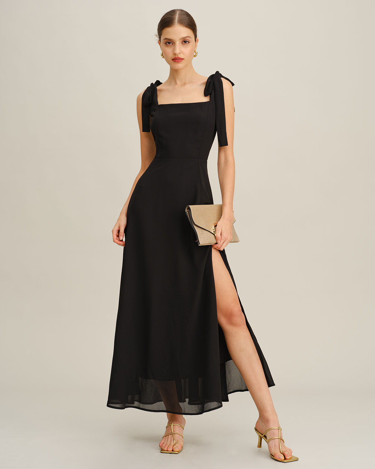 Vestido Maxi de Chiffon Negro con Tirantes