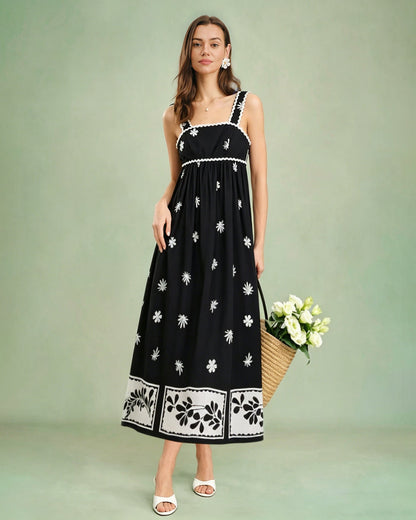 Vestido Maxi de Tirantes con Estampado Floral Negro