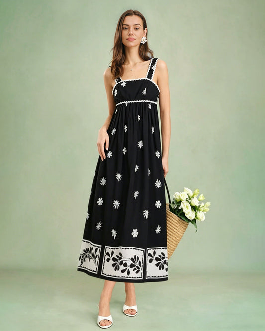 Vestido Maxi de Tirantes con Estampado Floral Negro