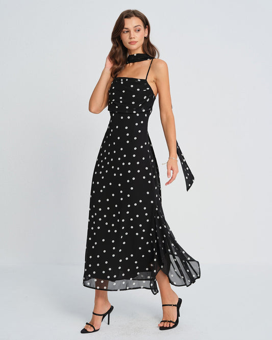 Vestido Maxi Sin Mangas con Lunares Negros