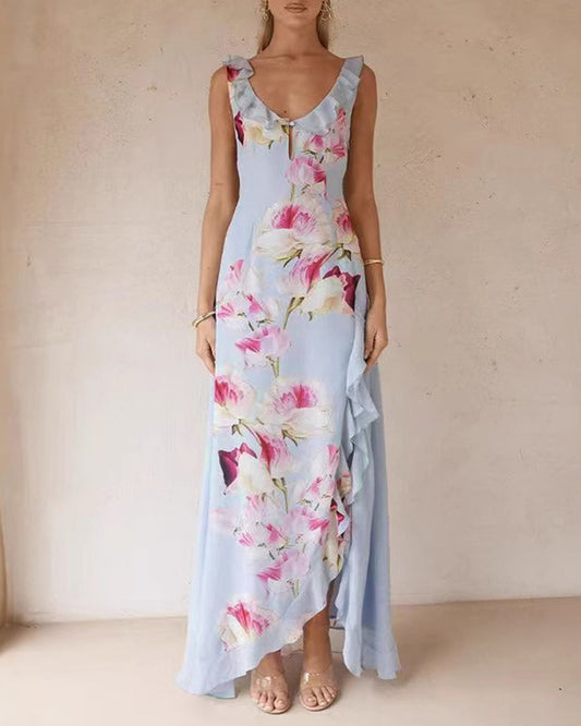 Vestido Maxi Slip Floral con Volantes y Escote en V Azul