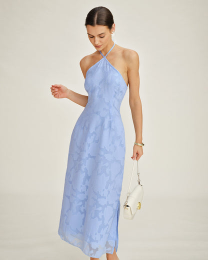 Vestido Maxi Slip Jacquard Azul con Halter