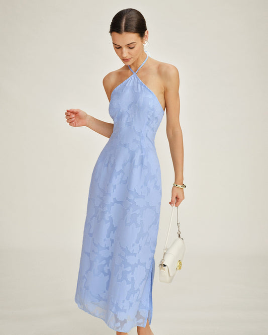 Vestido Maxi Slip Jacquard Azul con Halter